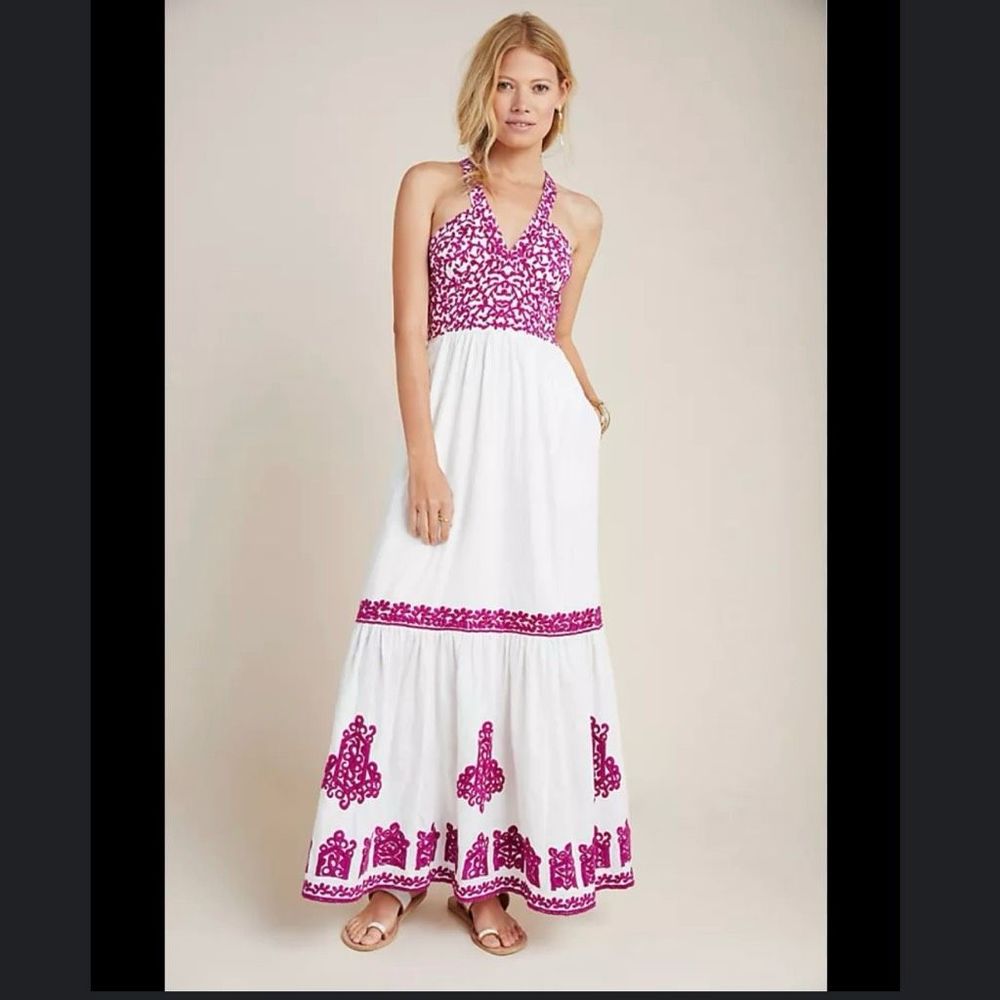 Anthropologie Manuela Womens 14 Midi Dress White Plum Embroidered Halter Neck